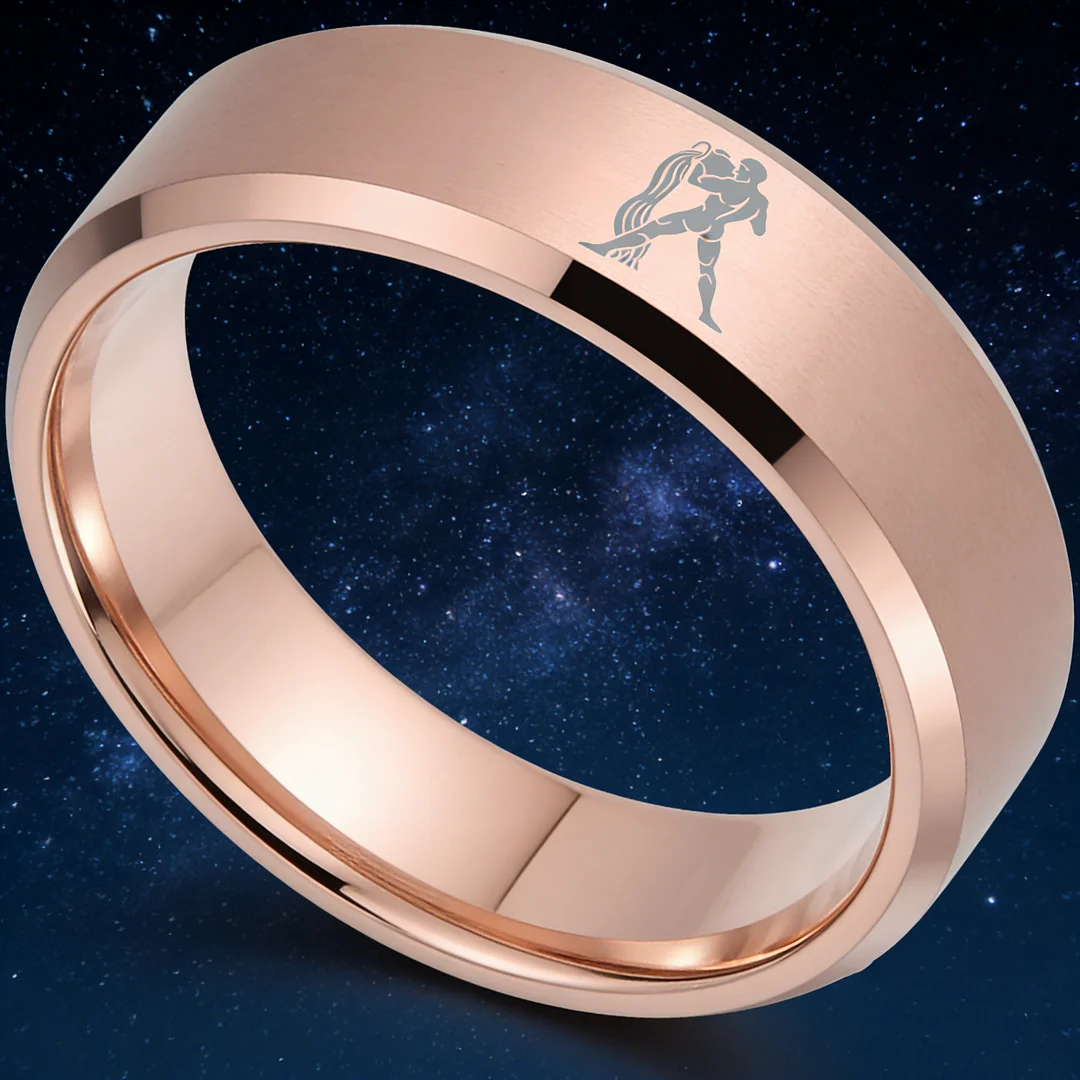 Beveled Edges Rose Gold Laser Etched Tungsten Carbide Rings Rose Gold Aquarius Couple Wedding Band 4MM 6MM 8MM
