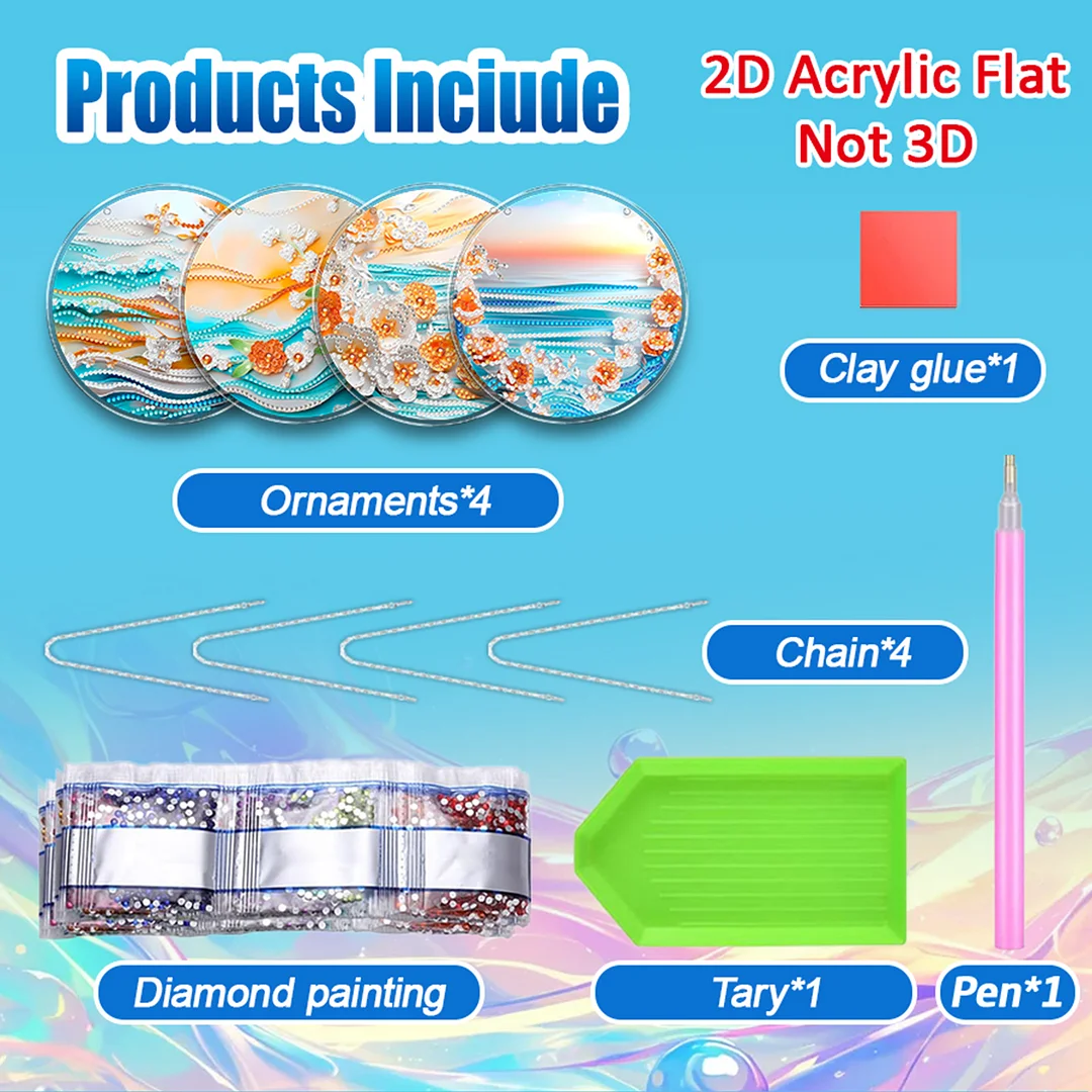 4pcs Beach Flowers DIY 2D Flat Acrylic Diamond Painting Kits Diamond Art Pendant