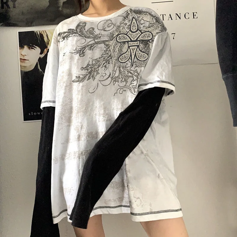 Xingqing Vintage Floral Print T Shirt Women Autumn Round Neck Long Sleeve Shirts Femme Casual Streetwear Y2k Tops 2021 Clothing