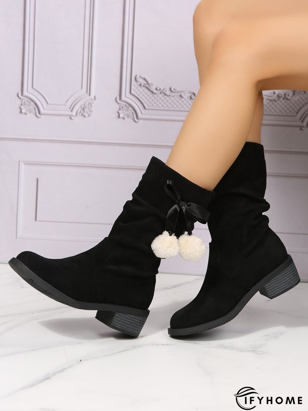 Christmas Pompom Decor Faux Suede Slouchy Boots | IFYHOME