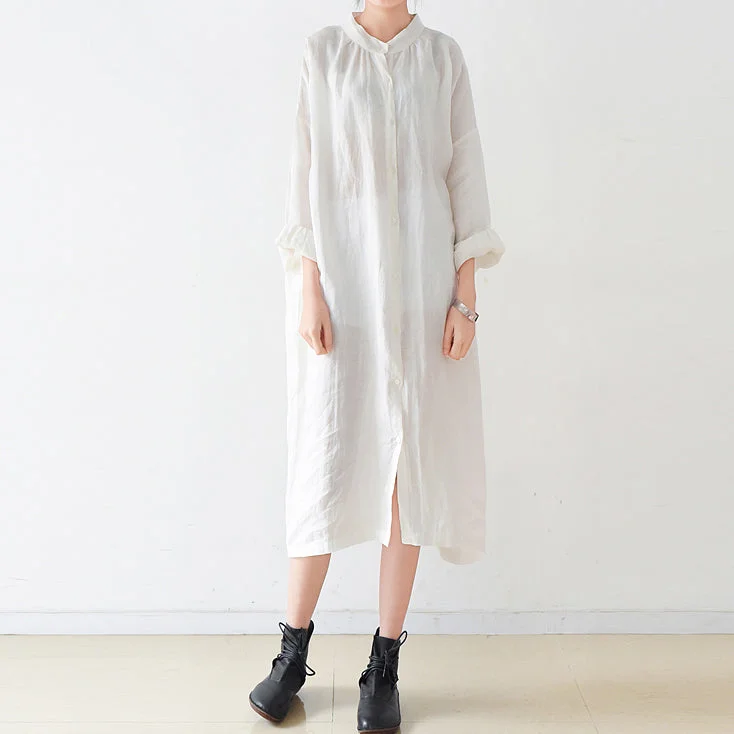 Fine white Ramine linen dresses plus size 2021 fall linen shirt dress