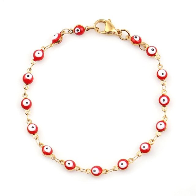 YOY-Gold Blue Red Evil Eye Enamel Bead Bracelet For Women