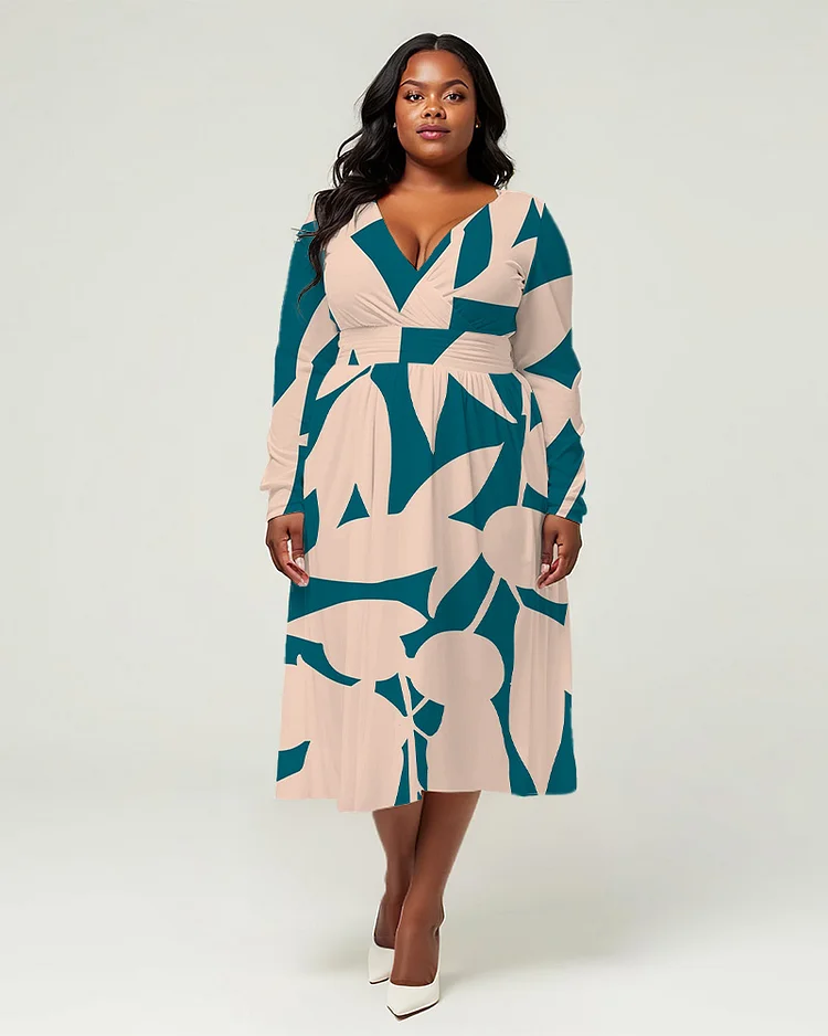 Plus Size Women's Elegant Printed Long Sleeve V Neck Dress
