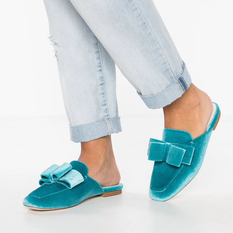 Turquoise Velvet Flats Square Toe Bow Mule Loafers for Women |FSJ Shoes