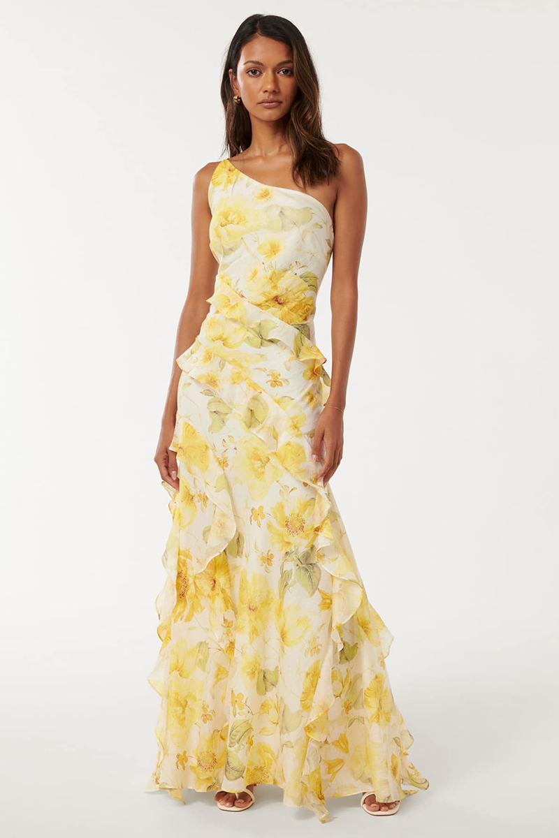 Floral Print Ruffled One Shoulder Gowns Maxi Dresses-Yellow [Pre Order]