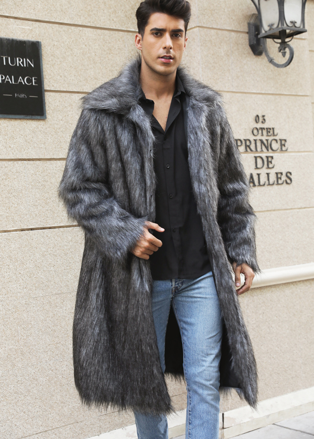 Dark Grey Men's Square Collar Fur Long Coat