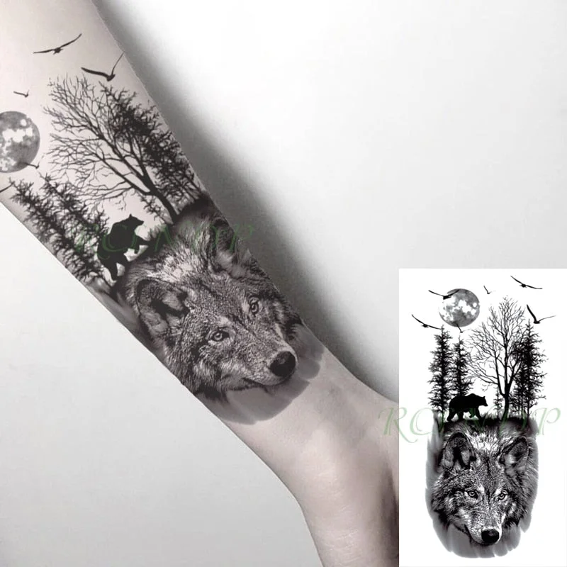 Waterproof Temporary Tattoo Sticker Wolf Forest Moon Tree Bear Animal Fake Tatoo Flash Tatto Arm Leg Body Art for Women Men