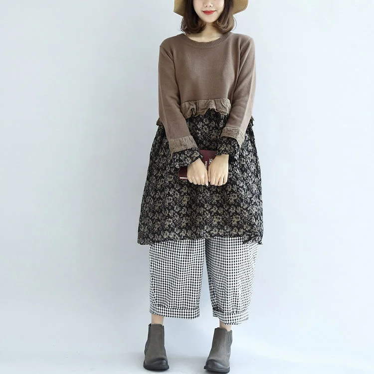 Chocolate vintage floral patchwork sweater dresses knit pullover shift dress