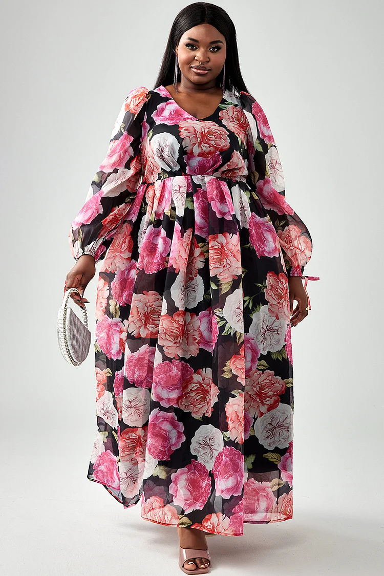 Xpluswear Design Plus Size Formal Dress Pink Floral Print Long Sleeve Maxi Dress [Pre-Order]