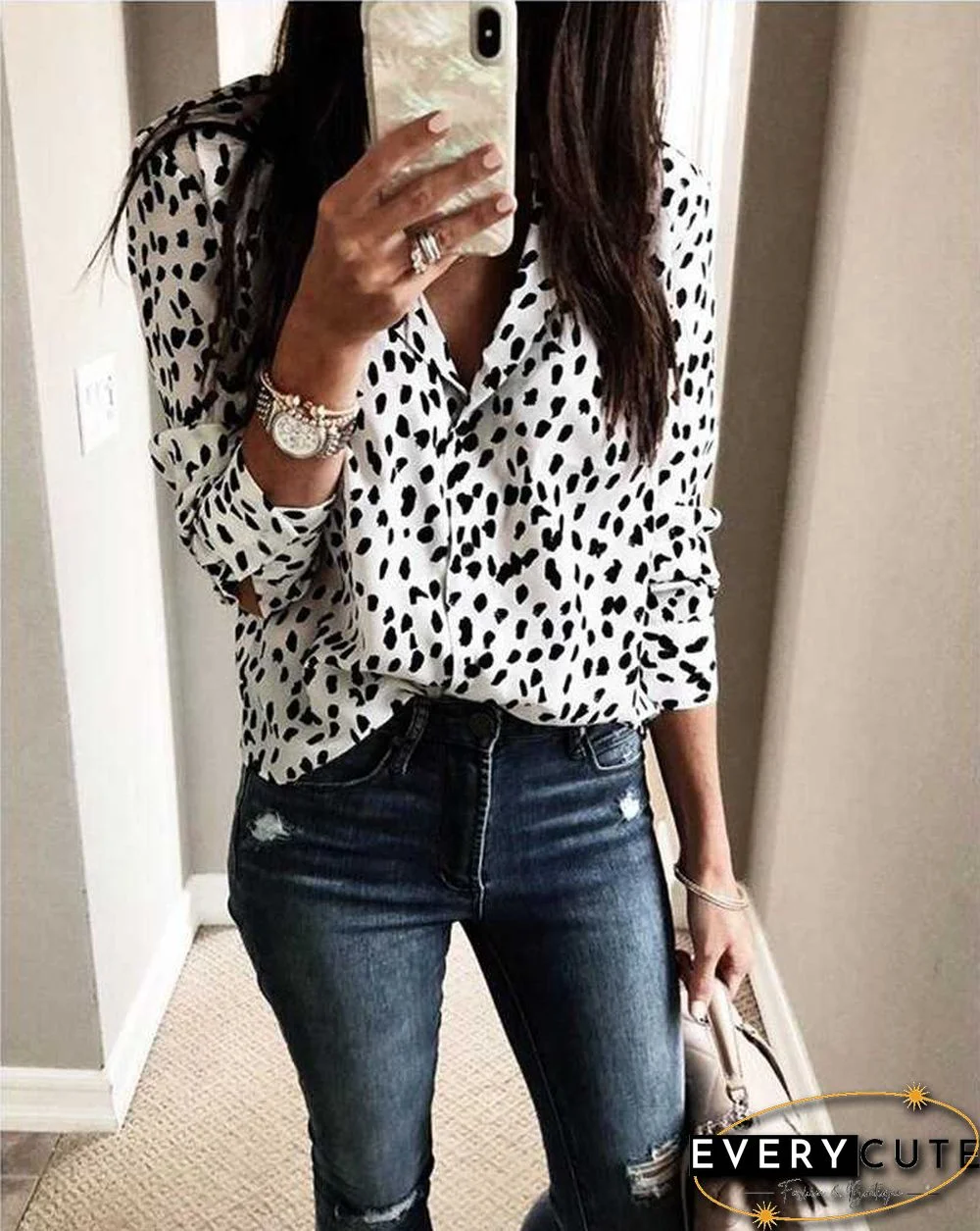 Oversized Retro Long Sleeve Leopard Print Button Up Shirt Womens