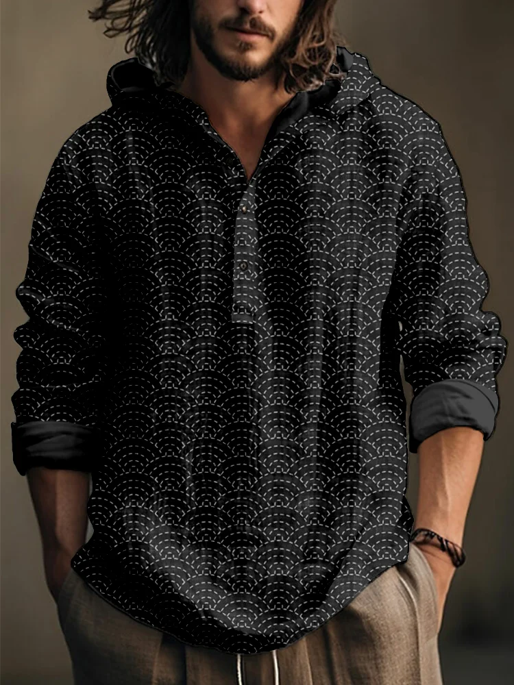Men's Ocean Waves Japanese Sashiko Art Linen Blend Hooded Shirt