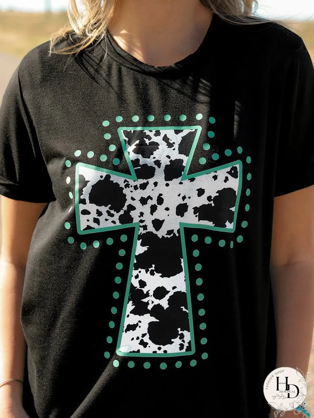 Cow Spots Cross Graphic Tee - Western Vibes