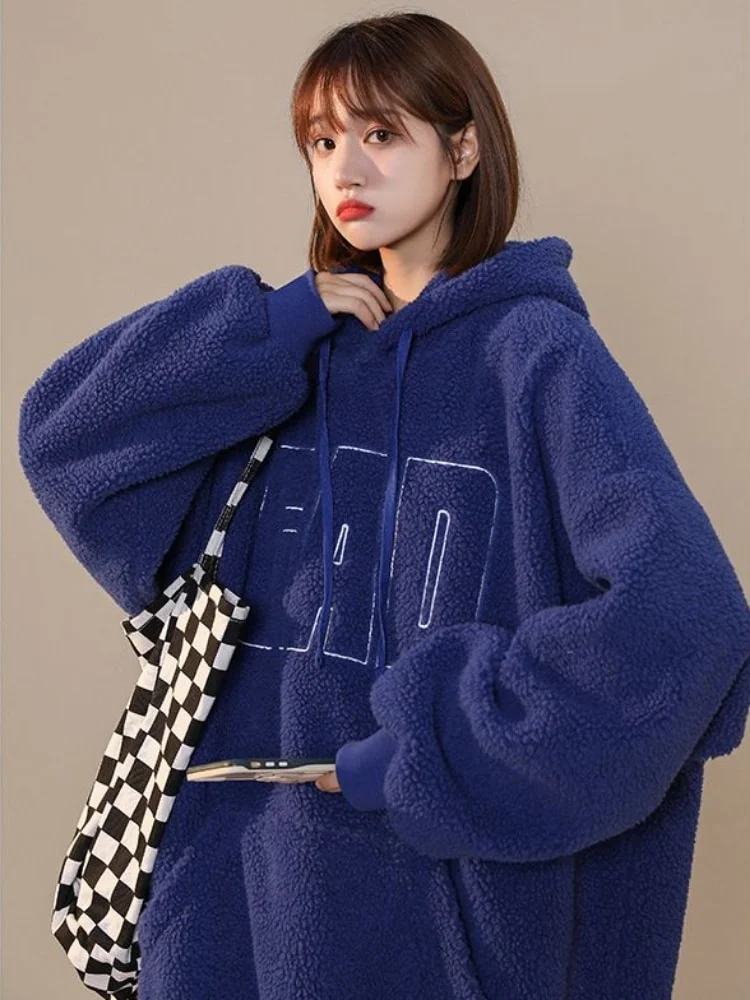 Budgetg Lamb Wool Oversized Letter Printed Hoodies Thick Warm Hooded Sweatshirt Harajuku Hood Top Autumn 2022 Clothes for Women