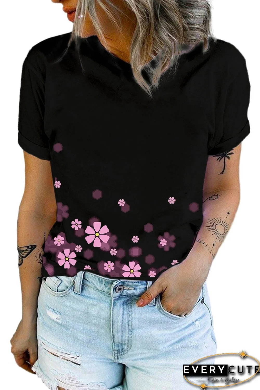 Black Floral Printed Crew Neck Short Sleeve T Shirt