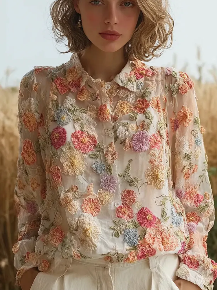 Bohemian Style 3d Plant Flower Pattern Cotton Linen Shirt