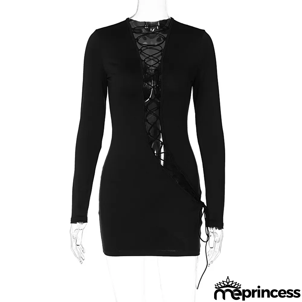 Women Sexy Hollow Tie V-neck Long Sleeve Bodycon Dress