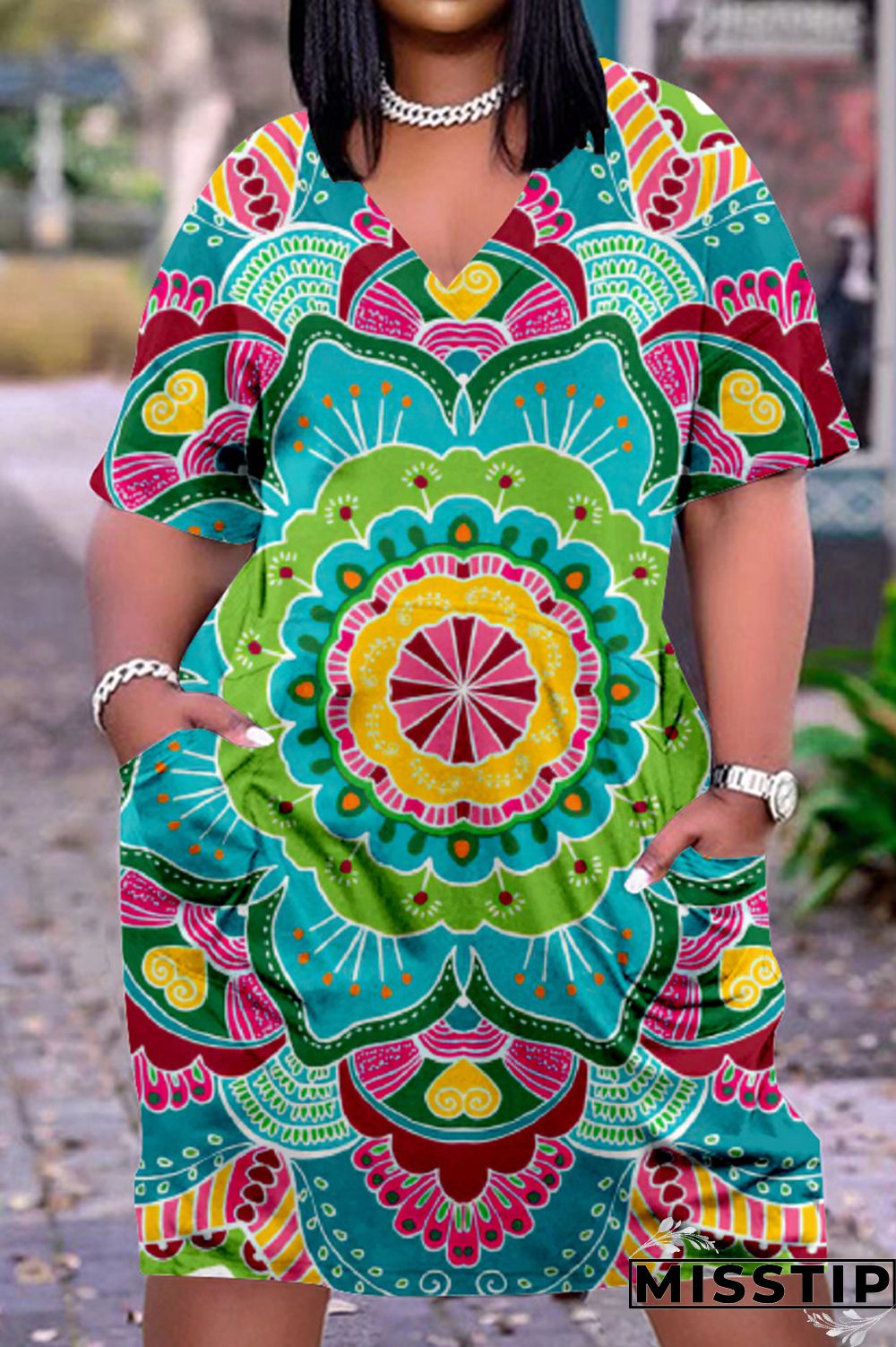 Khaki Fashion Casual Print Basic V Neck Short Sleeve Dress