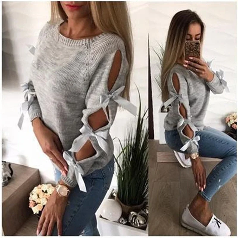 2021 Winter Women Knitted Pullover Lace Up Sweaters Casual Long Sleeve Hollow Out Bow Pull Femme Fashion Ladies Sweter