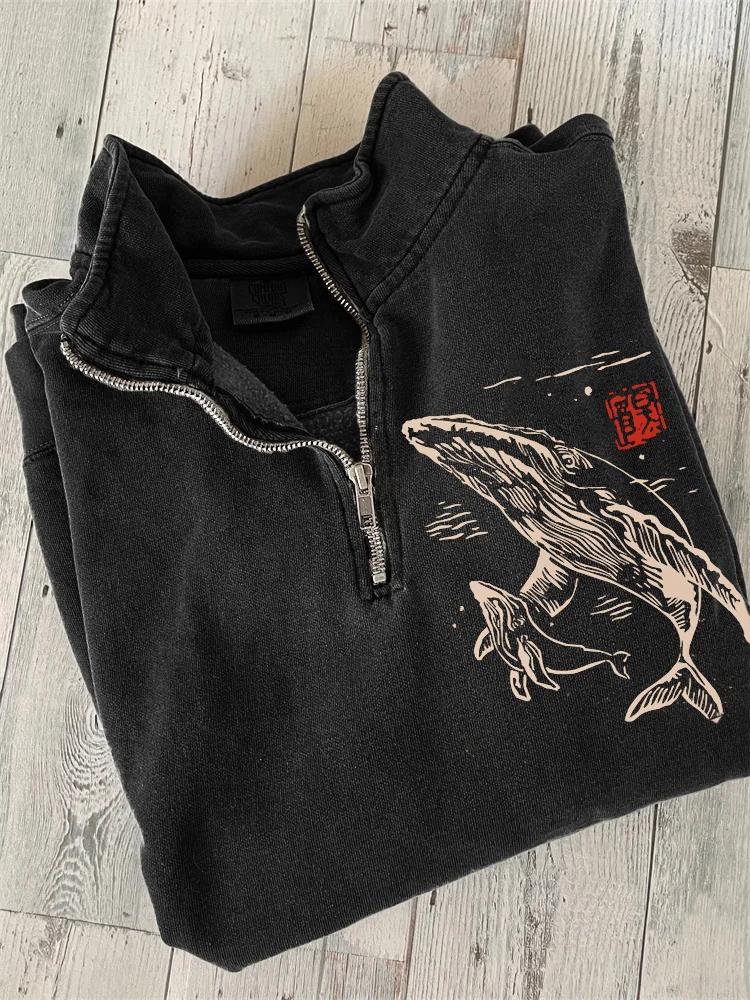 Whale Family Japanese Lino Art Zip Up Sweatshirt