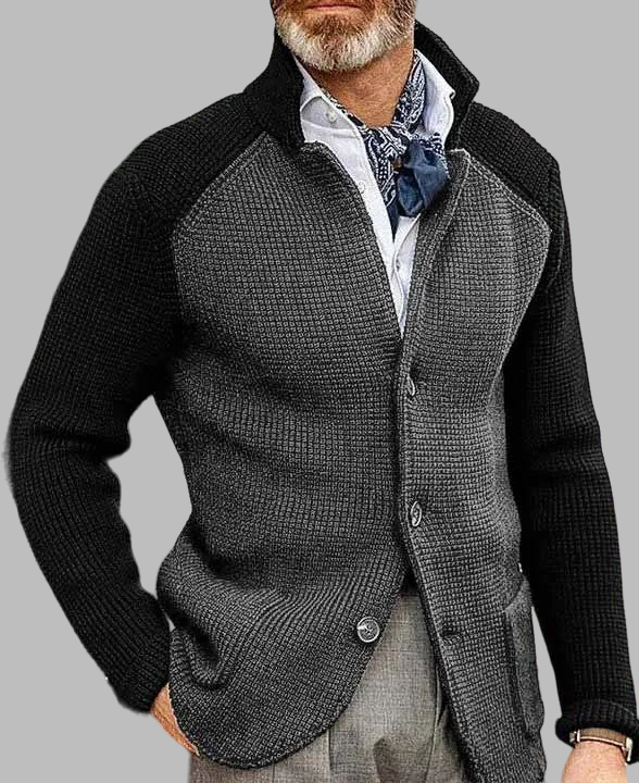 Okaywear Patchwork Stand Collar Buttons Pockets Rib Knit Sweater Cardigan