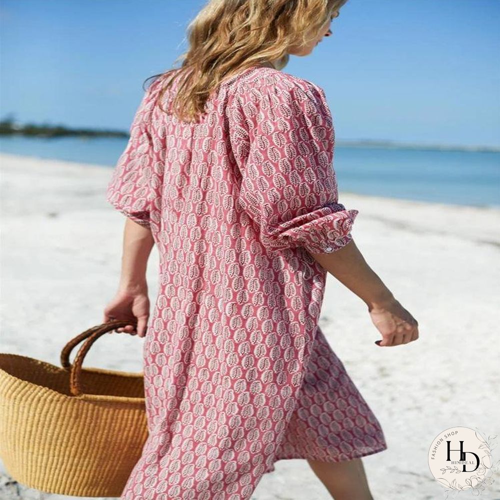 Women Serried Pattern Button Pink Dress