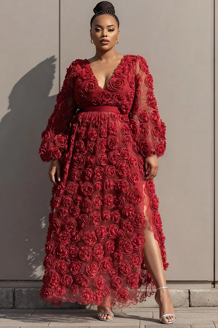 Xpluswear Design Plus Size Formal Red V Neck Long Sleeve 3D Elegant See Through Maxi Dresses 2024 - Xpluswear