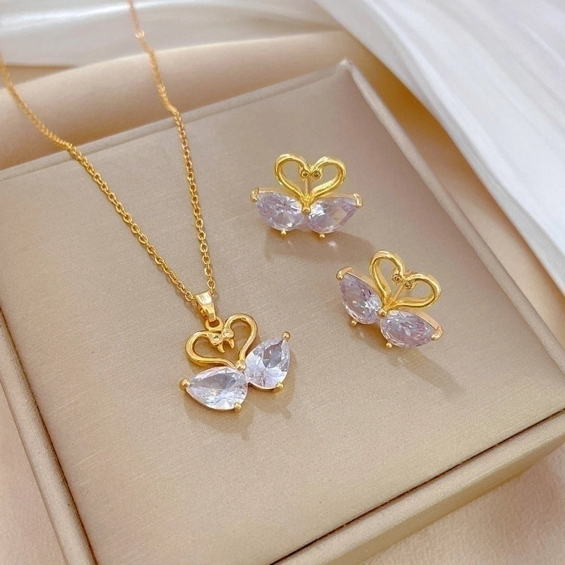 Copper Minimalist Plating Inlay Rhombus Bow Knot Zircon Jewelry Set