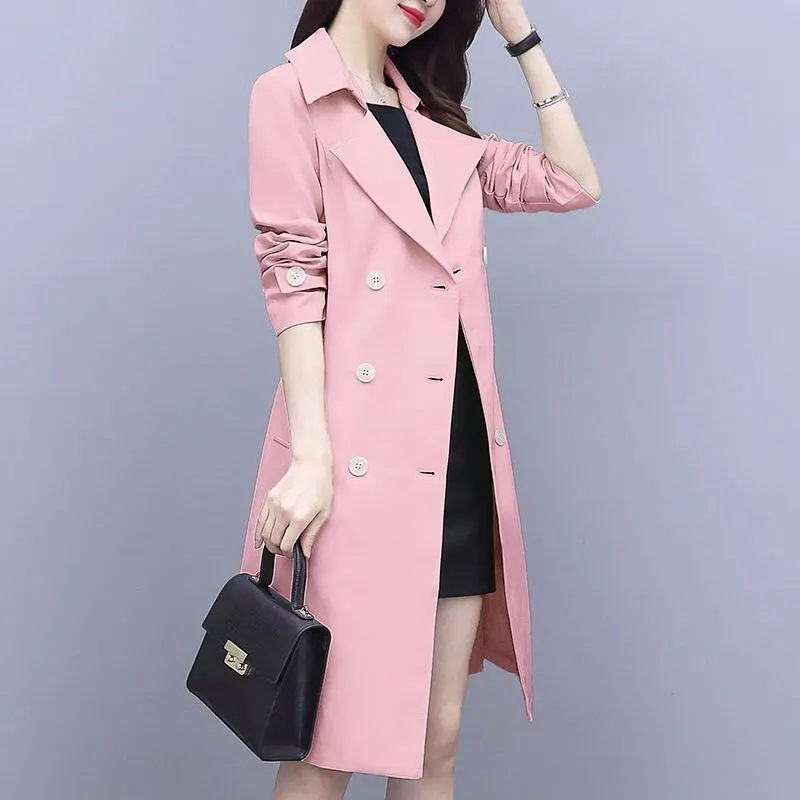 2021 New Spring Elegant Women Double Breasted Solid Thin Trench Coat Vintage Turn-down Collar Warm Trench With Belt Plus Size