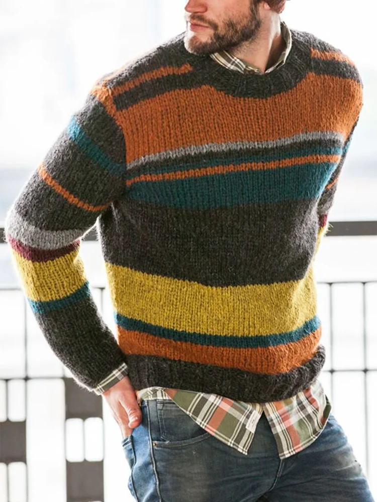 Dark Gray Striped Crew Neck Casual Men's Sweater