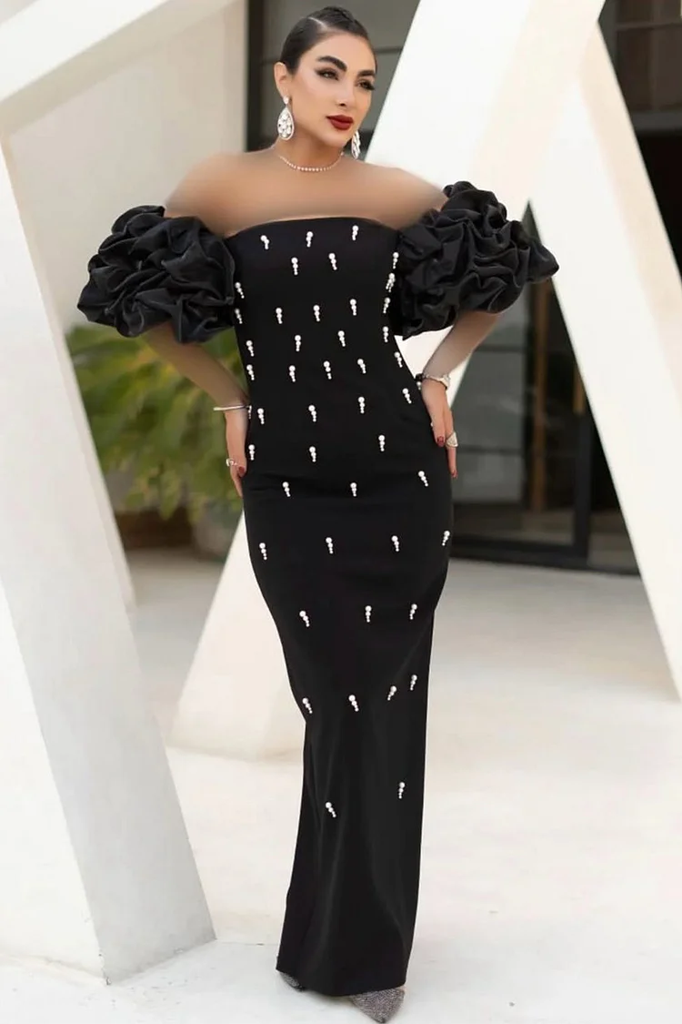 Off Shoulder Beaded Puff Sleeve Maxi Dress-Black