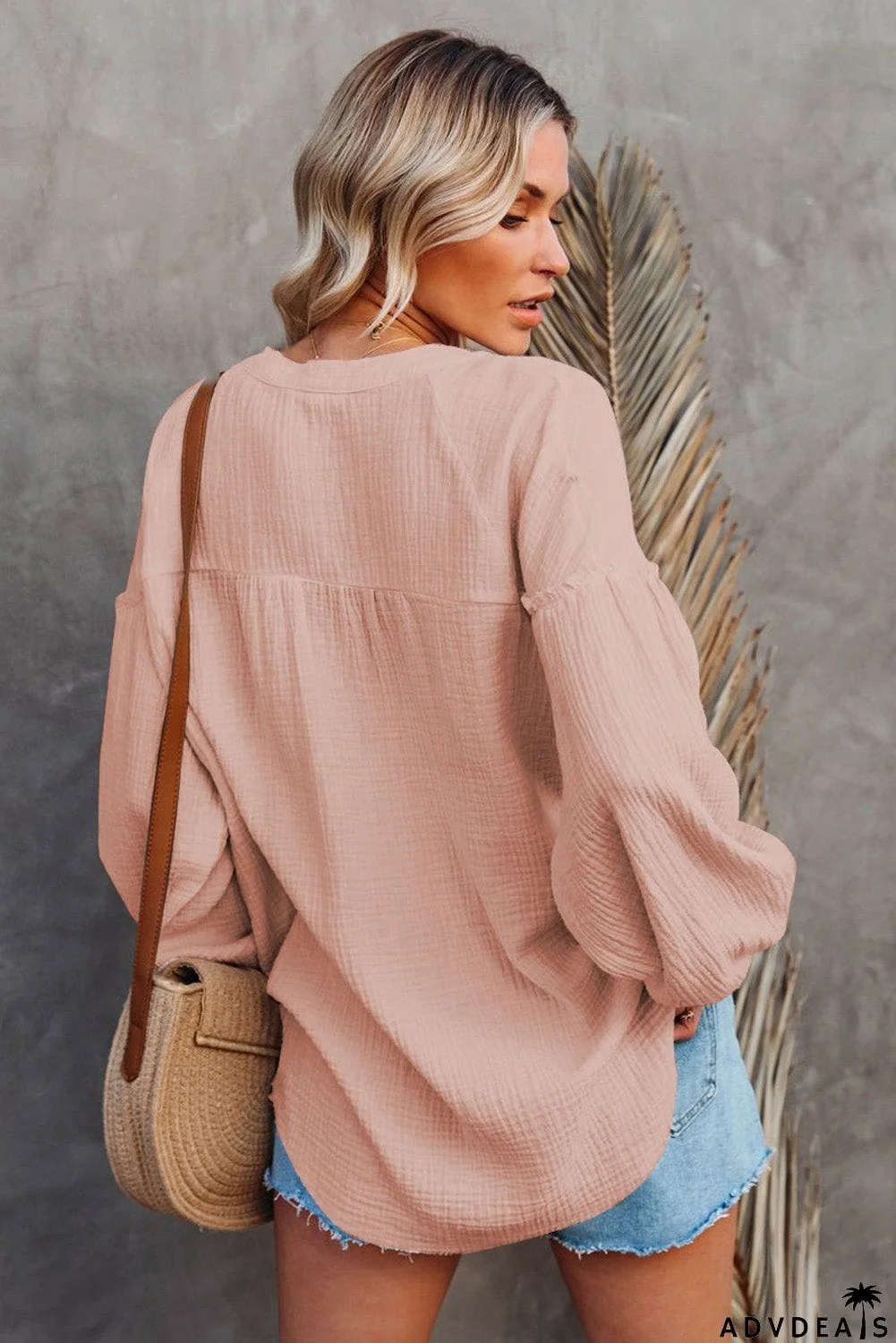 Casual Balloon Sleeve Crinkled Top