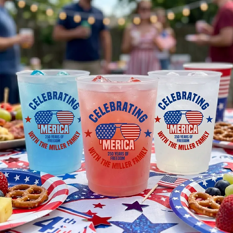 Celebrating 'Merica 250 Years of Freedom Personalized Frosted Cups &ndash; Custom Family Name Party Cups for 250th Anniversary