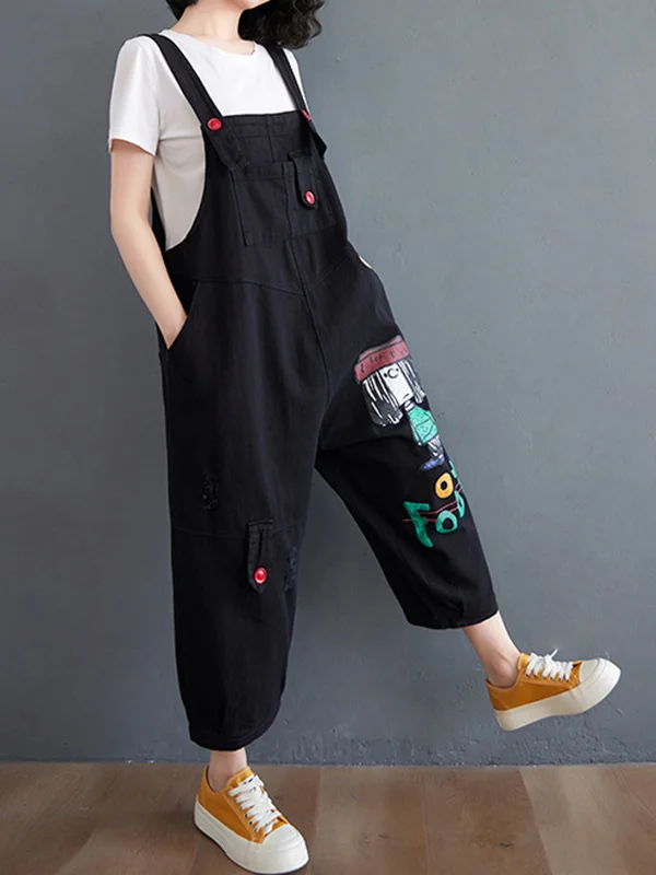 Charming Cartoon-Printed Puff Denim Overalls for a Playful Look
