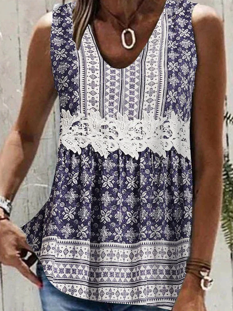 Women's Sleeveless V-Neck Lace Graphic Floral Printed Top