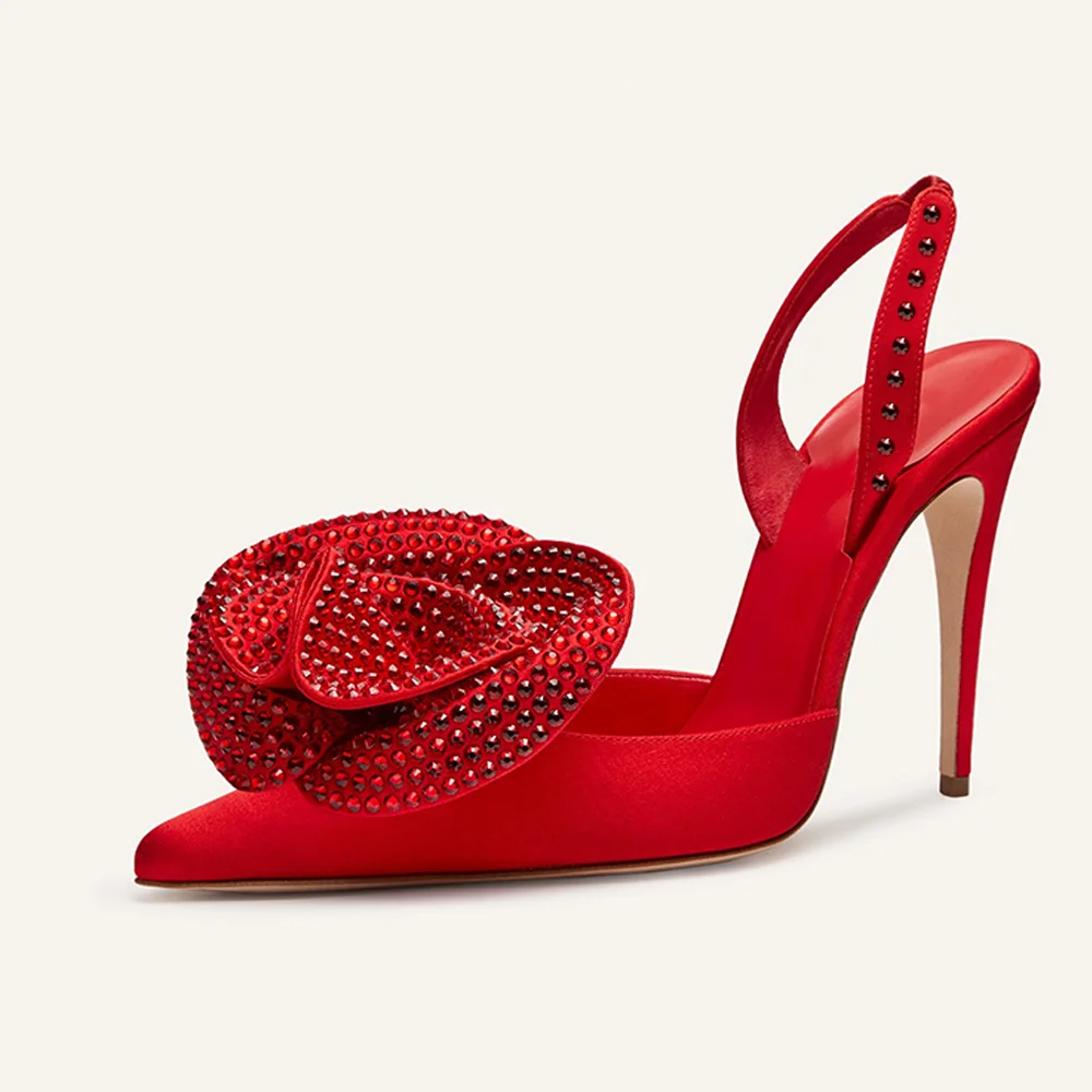 Full Red Pointy Toe Studs Pumps Glitter Flower Slingback Stiletto Heels Nicepairs