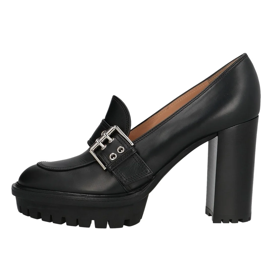 Black Round Toe Chunky High Heel Buckled Platform Loafers Women