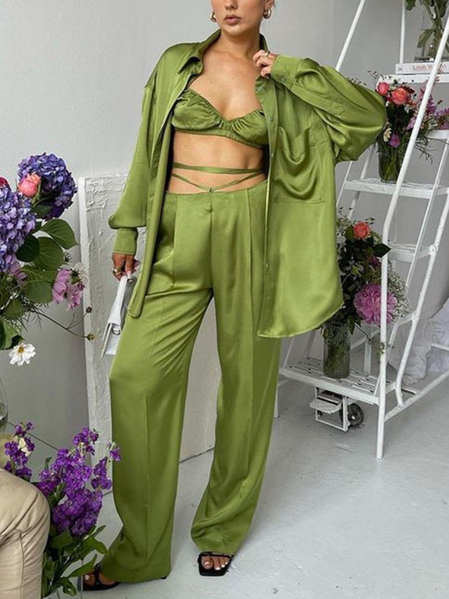 Turndown Collar Long Sleeve Camisole Pants Sets