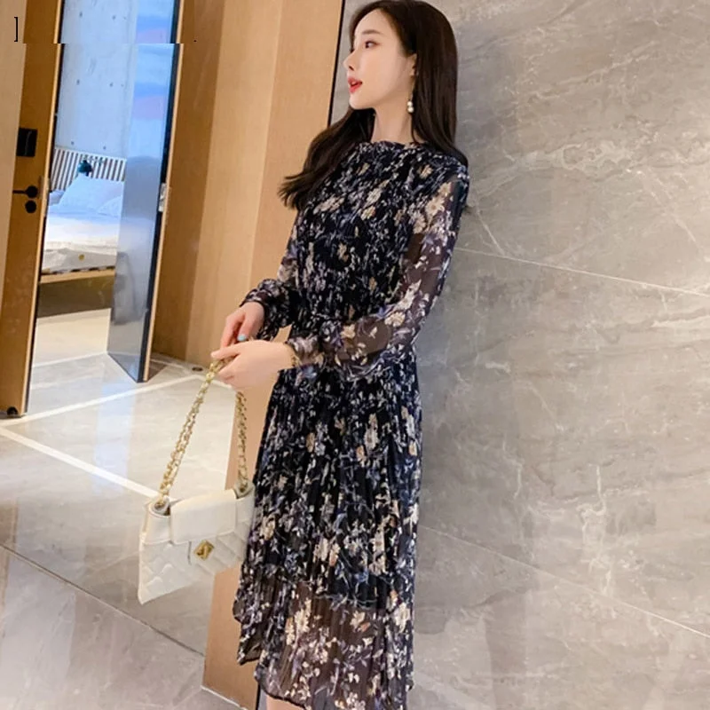 Spring 2022 O-neck Floral Chiffon Women Dress Flare Sleeve A-line Dress Femme Floral Printed Female Mid-length Vestidos 8211 50