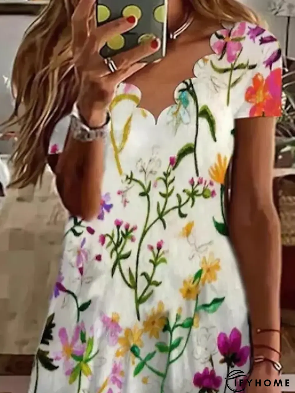 Vacation Regular Fit V Neck Short Sleeve Knit Dress | IFYHOME