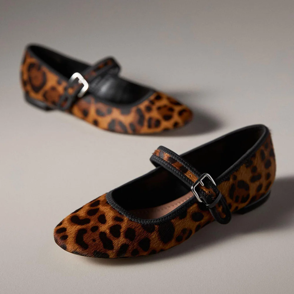 YDN Round Toe Leopard Print Buckle Strap Comfortable Ballet Flats