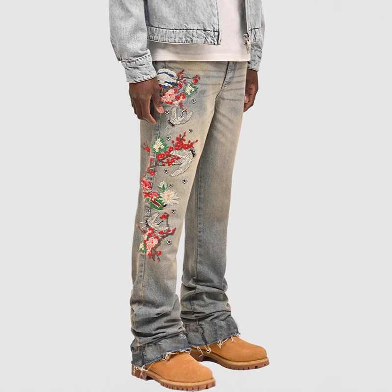 Men's Stretch Patch Embroidered Denim Straight Pants