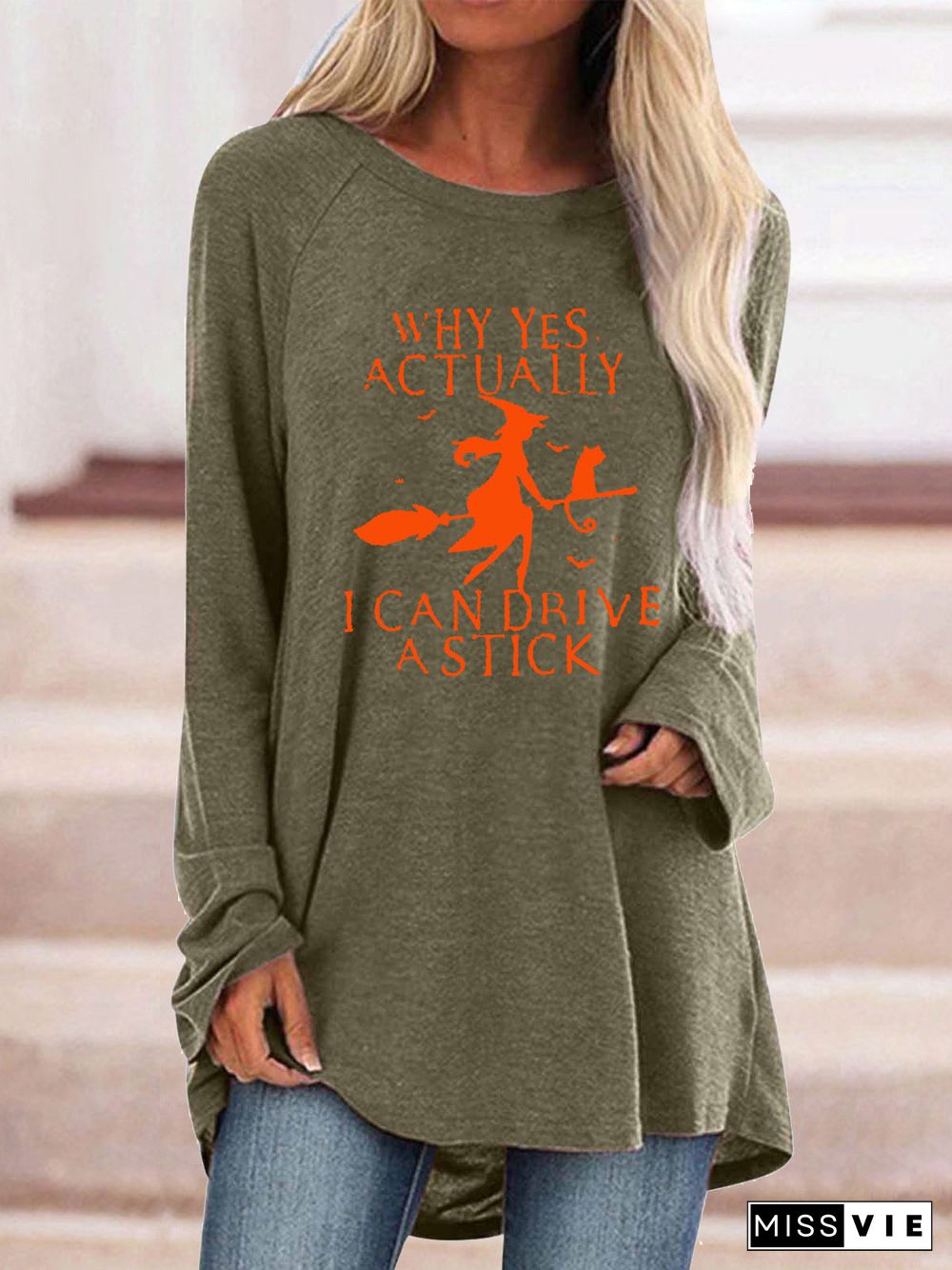 Women Long Sleeve Scoop Neck Solid Letter Graphic Top