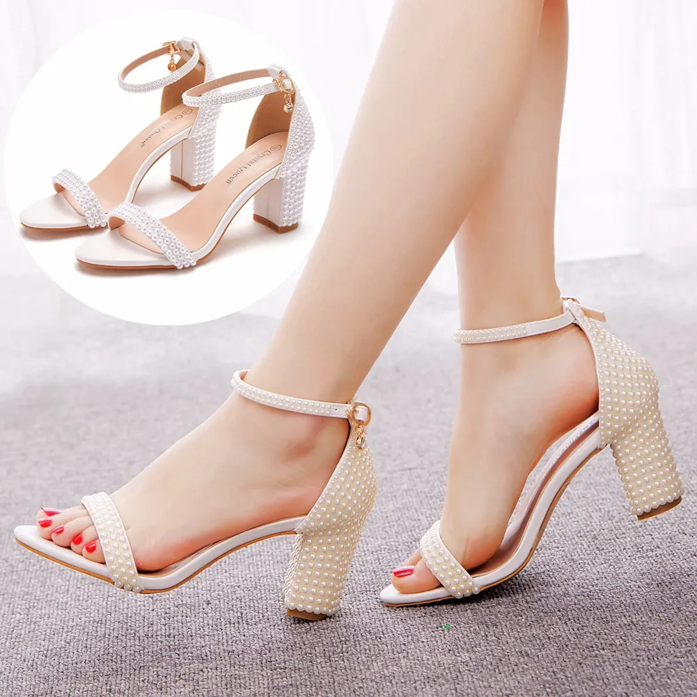 Breakj Breakj Cm Thick Heeled Shallow Word With Sandals Round Head Square Thick Heel Sandals White Pearl Sandals Wedding Shoes