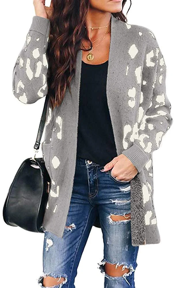 Leopard Print Cardigan Sweater Open Front Long Sleeve Loose Knit Coat with Pockets for women