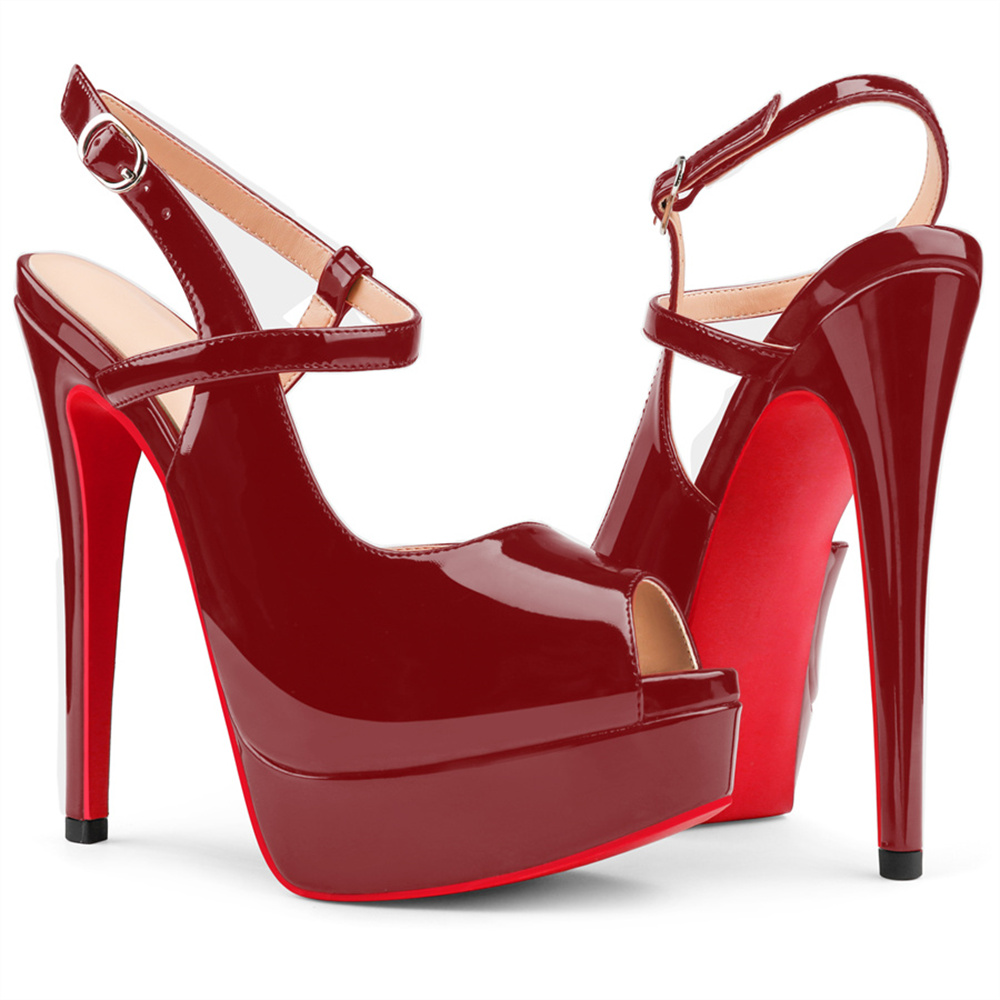 150mm Women's Stiletto High Heels Open Toe  Red Bottom Platform Cross Strap Design High Heels-MERUMOTE