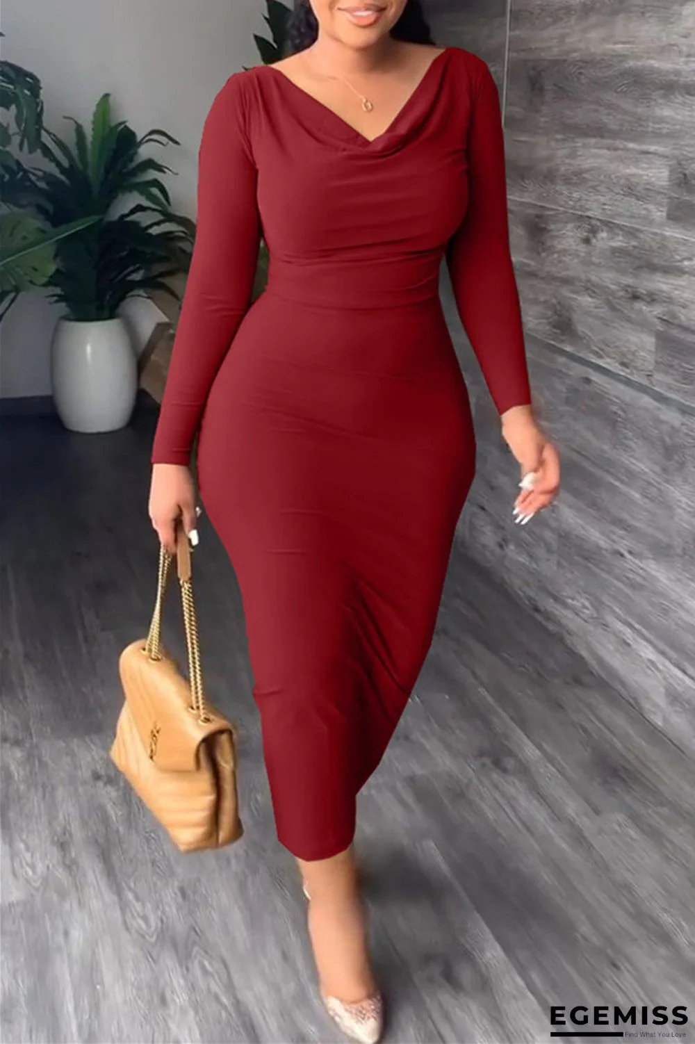 Burgundy Casual Solid Patchwork V Neck Long Sleeve Dresses | EGEMISS