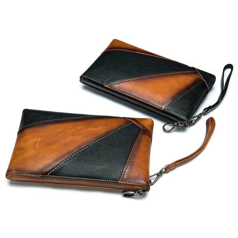 Mens Vintage Patchwork Leather Business Casual Clutch Bags