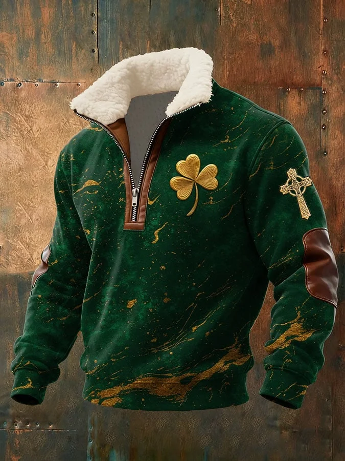 Men's St. Patrick's Day Print Zipper Fur Collar Long Sleeve Sweatshirt 