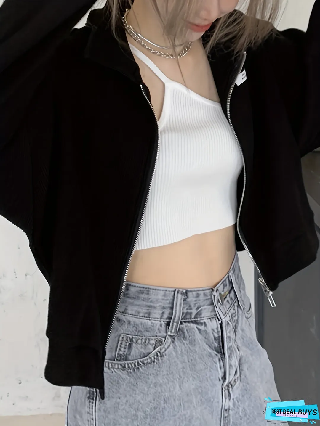 Label Patched Zipper Jacket, Casual Long Sleeve Outwear For Spring & Fall, Women's Clothing