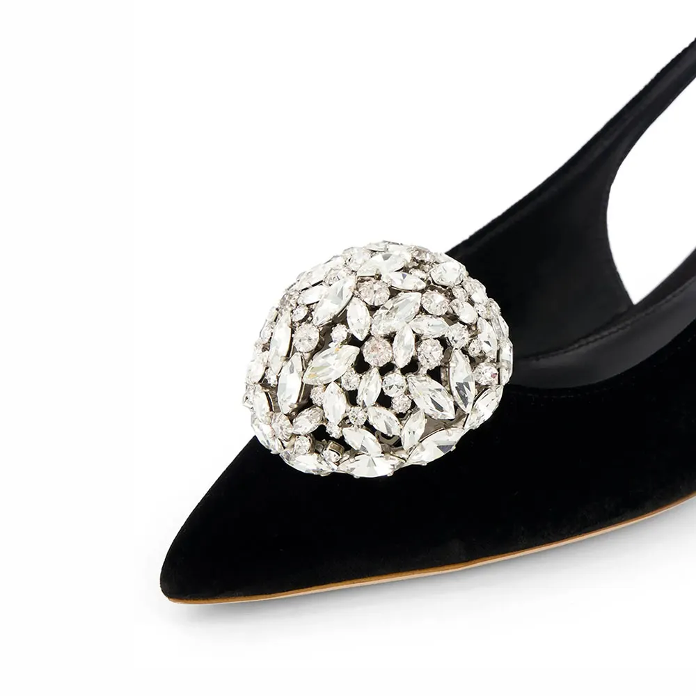 Black Pointed Toe Sculptural Heel Rhinestone Slingback Pumps